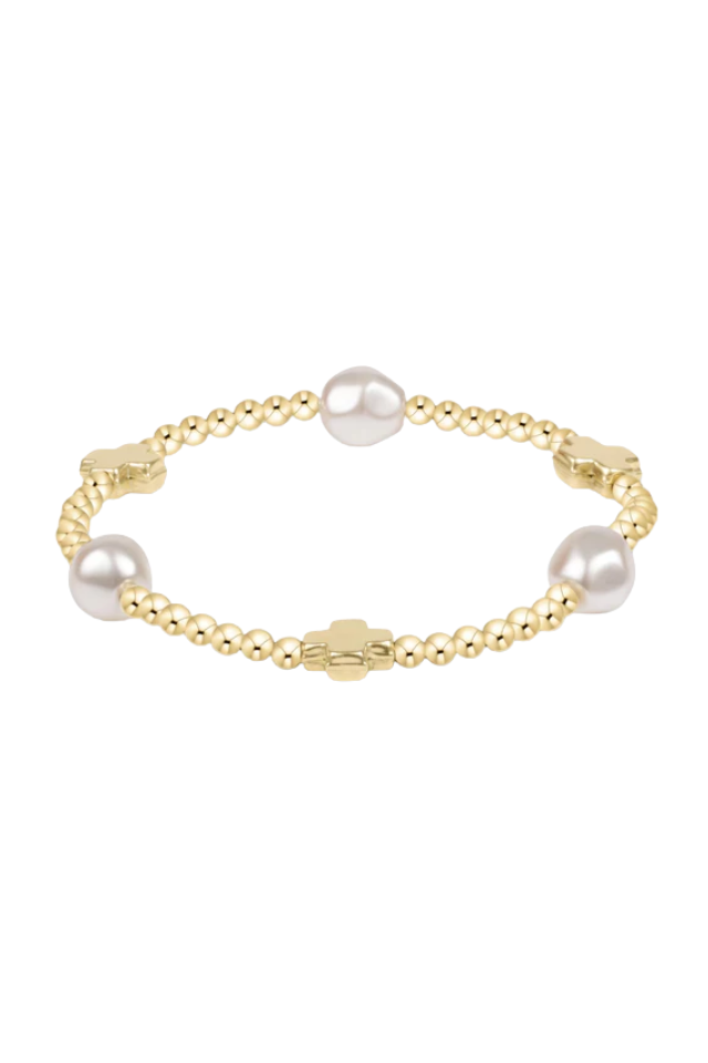 Gold bracelet with pearls on a white background.enewton Signature Cross Admire Pearl Pattern 3mm Bead Bracelet - Gold