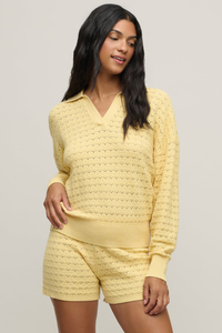 Barefoot Dreams Heathered Cotton Tulip Pointelle Collared Pullover with Short Set - HE Canary