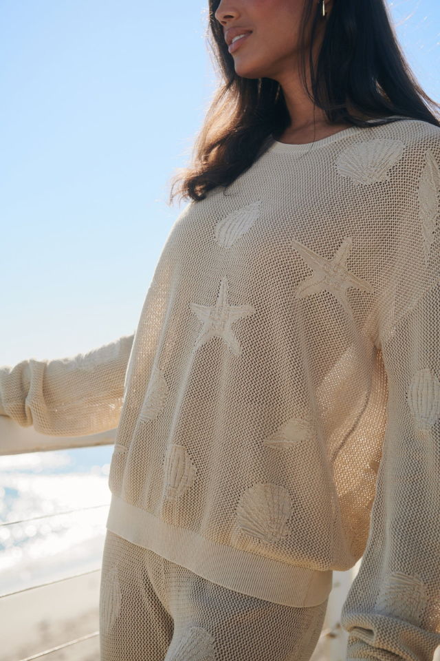 Barefoot Dreams Sunbleached Shell Motif Crew Neck Pullover with Motif Pant - Stone