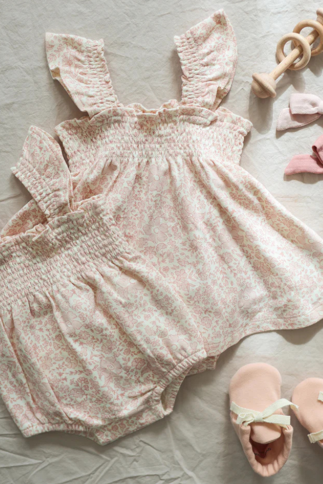Quincy Mae Smocked Ruffle Sleeve Romper - Pink Blossom