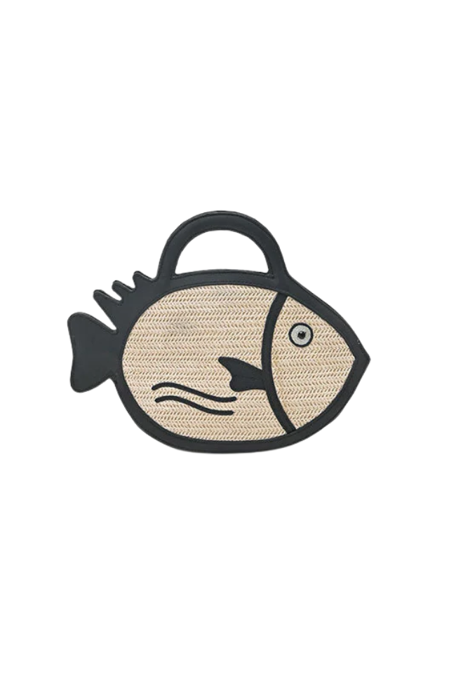 A&B Black Trim Fish Raffia Handheld Clutch