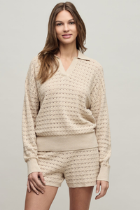 Barefoot Dreams Heathered Cotton Tulip Pointelle Collared Pullover with Short Set - HE Stone