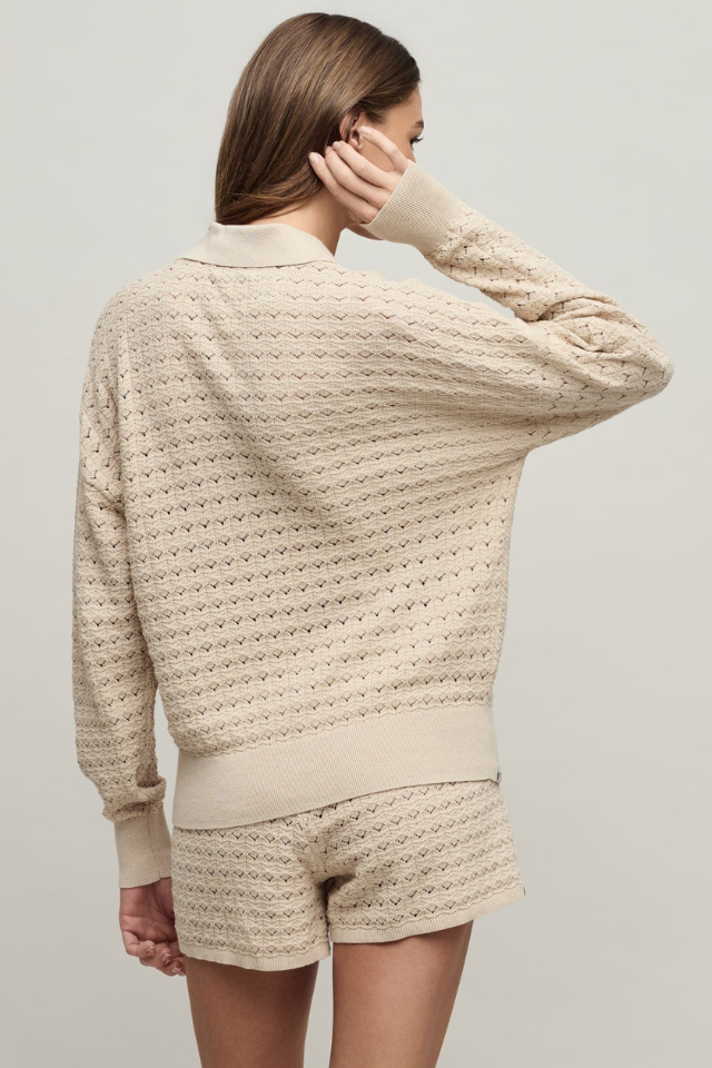 Barefoot Dreams Heathered Cotton Tulip Pointelle Collared Pullover with Short Set - HE Stone