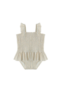 Quincy Mae Smocked One-Piece Swimsuit - Blue + Butterscotch Stripe