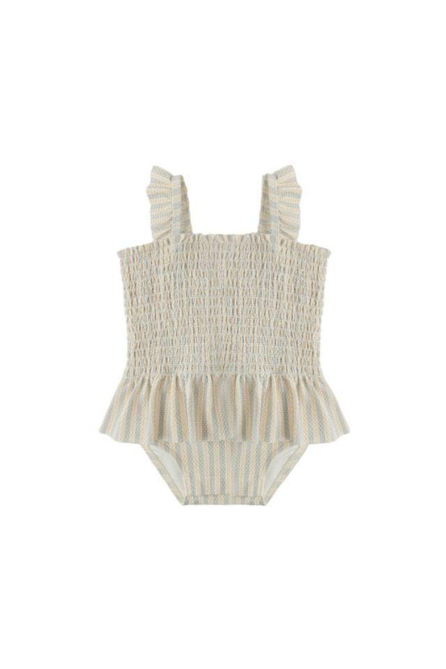 Quincy Mae Smocked One-Piece Swimsuit - Blue + Butterscotch Stripe