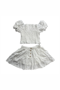 Tweenstyle Eyelet Smocked Top and Button Trim Skirt Set