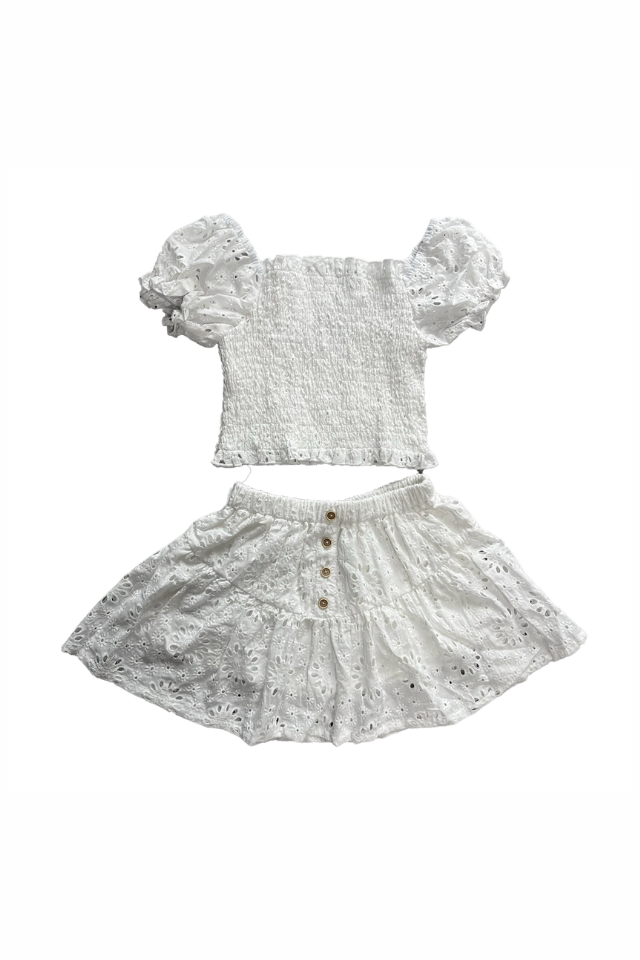 Tweenstyle Eyelet Smocked Top and Button Trim Skirt Set