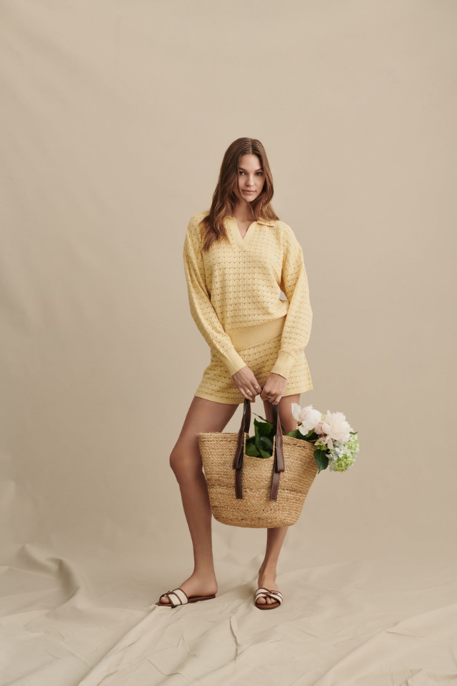 Barefoot Dreams Heathered Cotton Tulip Pointelle Collared Pullover with Short Set - HE Canary