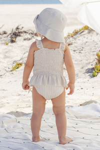 Quincy Mae Smocked One-Piece Swimsuit - Blue + Butterscotch Stripe