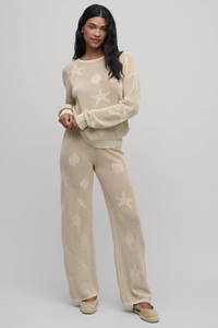 Barefoot Dreams Sunbleached Shell Motif Crew Neck Pullover with Motif Pant - Stone
