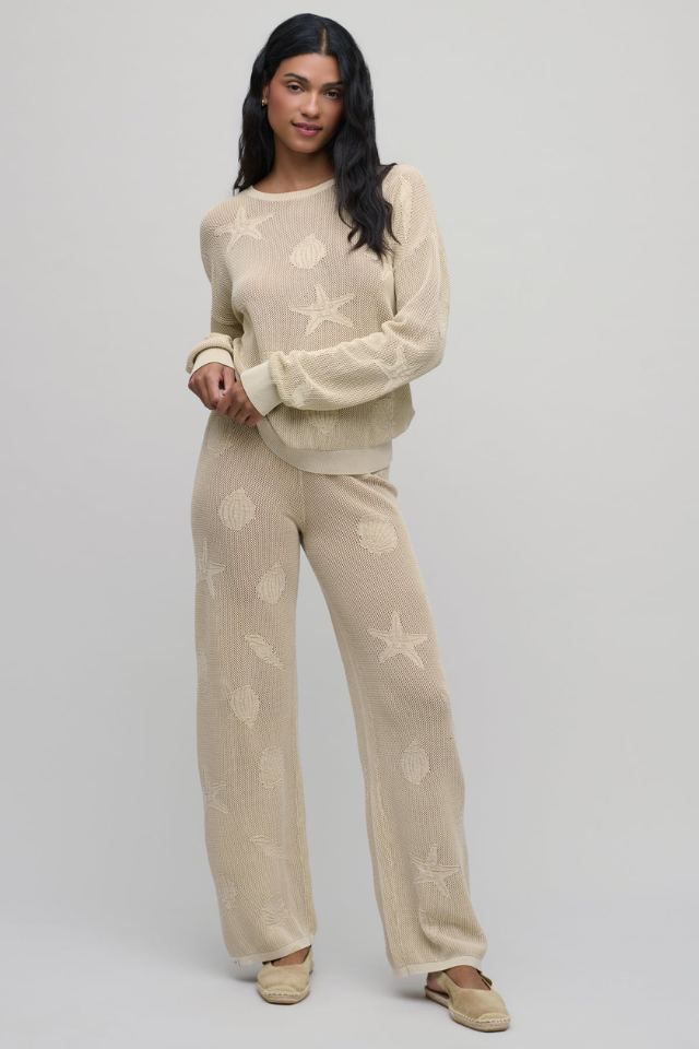 Barefoot Dreams Sunbleached Shell Motif Crew Neck Pullover with Motif Pant - Stone