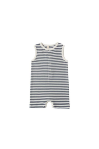 Quincy Mae Ribbed Henley Romper - Ocean Stripe
