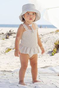 Quincy Mae Smocked One-Piece Swimsuit - Blue + Butterscotch Stripe