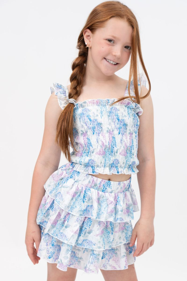 Tweenstyle Hydrangea Print Smocked Strap Top and Layered Tiered Skirt Set