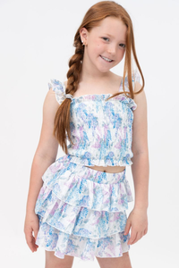 Tweenstyle Hydrangea Print Smocked Strap Top and Layered Tiered Skirt Set