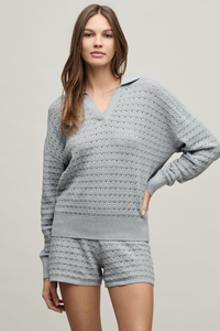 Barefoot Dreams Heathered Cotton Tulip Pointelle Collared Pullover with Short Set - HE Frost