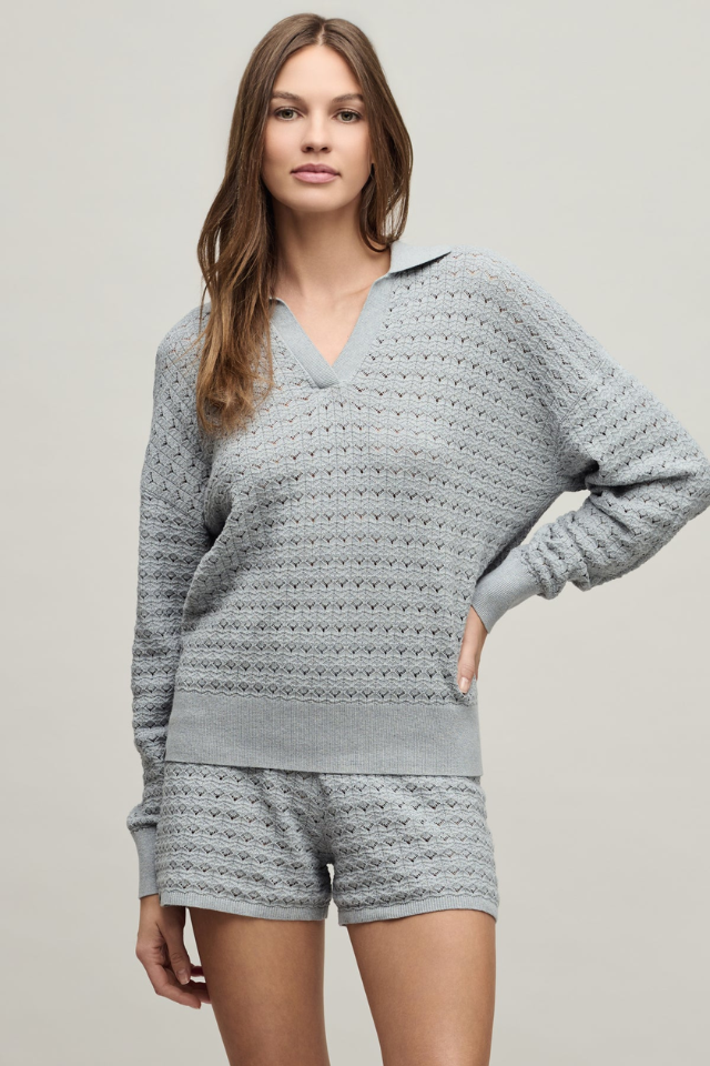 Barefoot Dreams Heathered Cotton Tulip Pointelle Collared Pullover with Short Set - HE Frost
