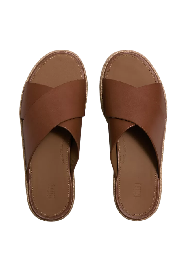 Fit Flop Platform Espadrille Leather Wedge Cross Slides - Deep Tan