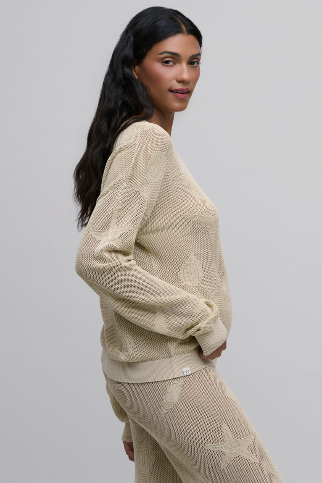 Barefoot Dreams Sunbleached Shell Motif Crew Neck Pullover with Motif Pant - Stone