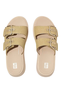 Fit Flop F-Mode Buckle Shimmerlux Flatform Two-Bar Slides - Platino