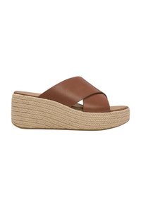 Fit Flop Platform Espadrille Leather Wedge Cross Slides - Deep Tan