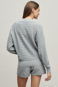 Barefoot Dreams Heathered Cotton Tulip Pointelle Collared Pullover with Short Set - HE Frost
