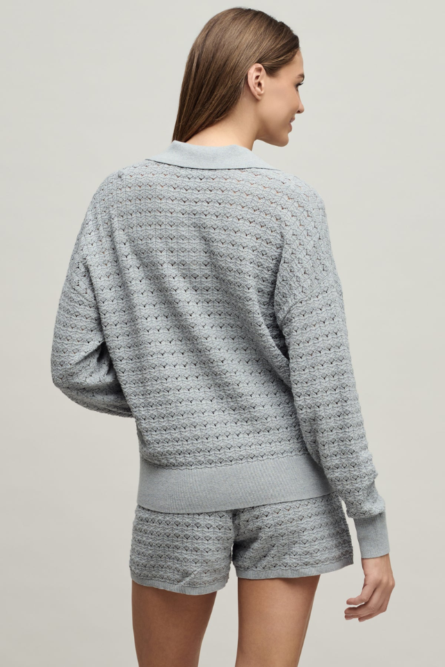 Barefoot Dreams Heathered Cotton Tulip Pointelle Collared Pullover with Short Set - HE Frost