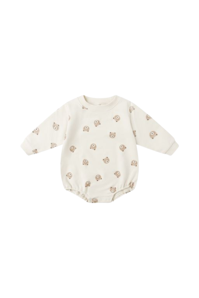 Quincy Mae Crewneck Bubble Romper - Brown Bear