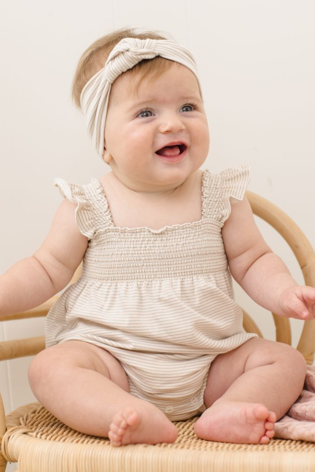 Quincy Mae Smocked Ruffle Sleeve Romper - Oat Micro Stripe