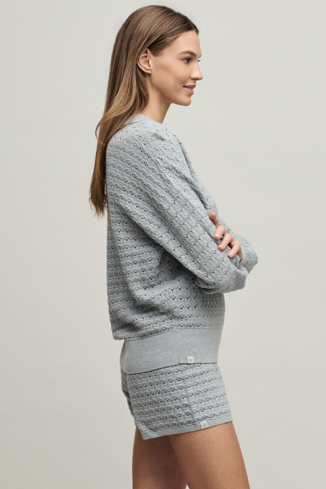 Barefoot Dreams Heathered Cotton Tulip Pointelle Collared Pullover with Short Set - HE Frost