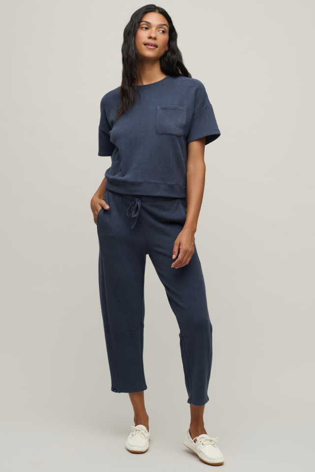 Barefoot Dreams Brushed Fleece Short Sleeve and Seamed Ankle Pant Set - Indigo