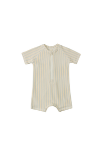 Quincy Mae Zip Rashguard One-Piece - Blue + Butterscotch Stripe