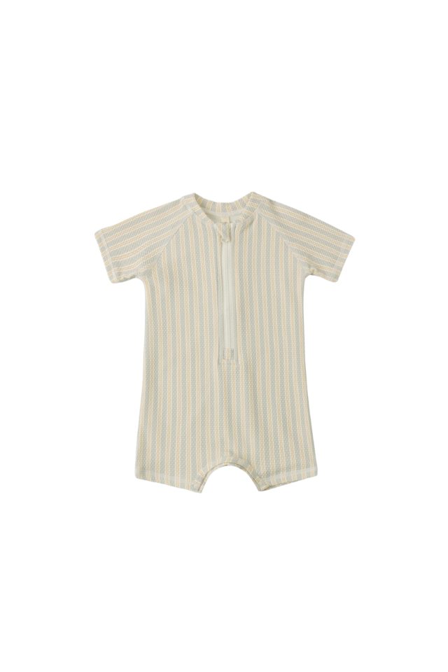 Quincy Mae Zip Rashguard One-Piece - Blue + Butterscotch Stripe