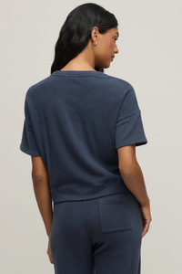 Barefoot Dreams Brushed Fleece Short Sleeve and Seamed Ankle Pant Set - Indigo