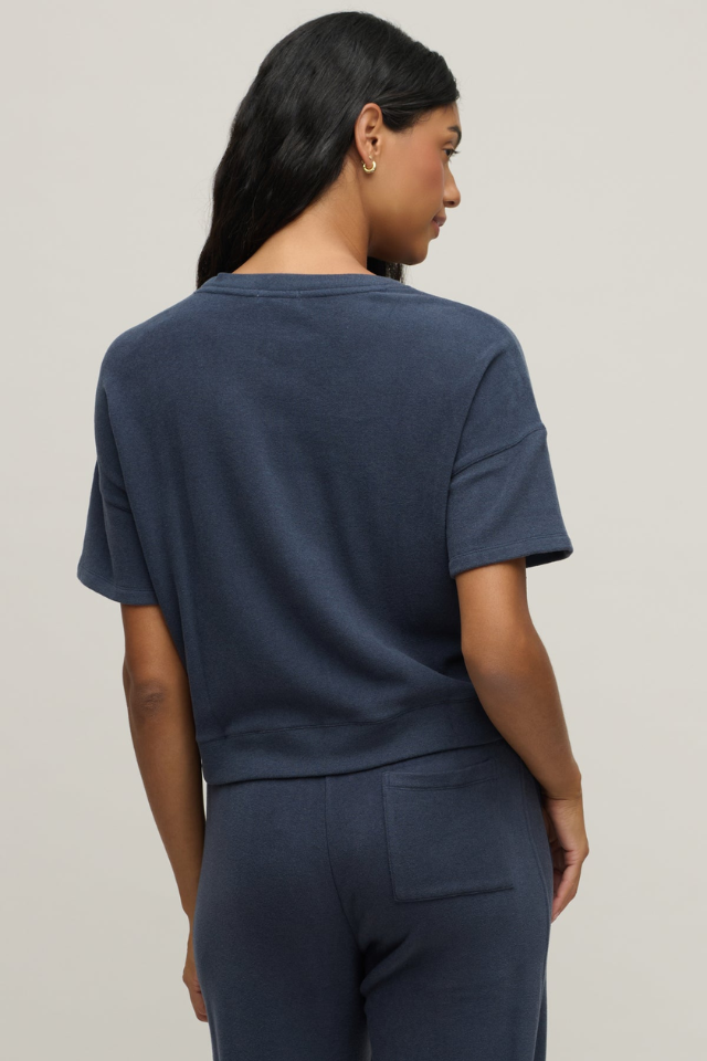 Barefoot Dreams Brushed Fleece Short Sleeve and Seamed Ankle Pant Set - Indigo