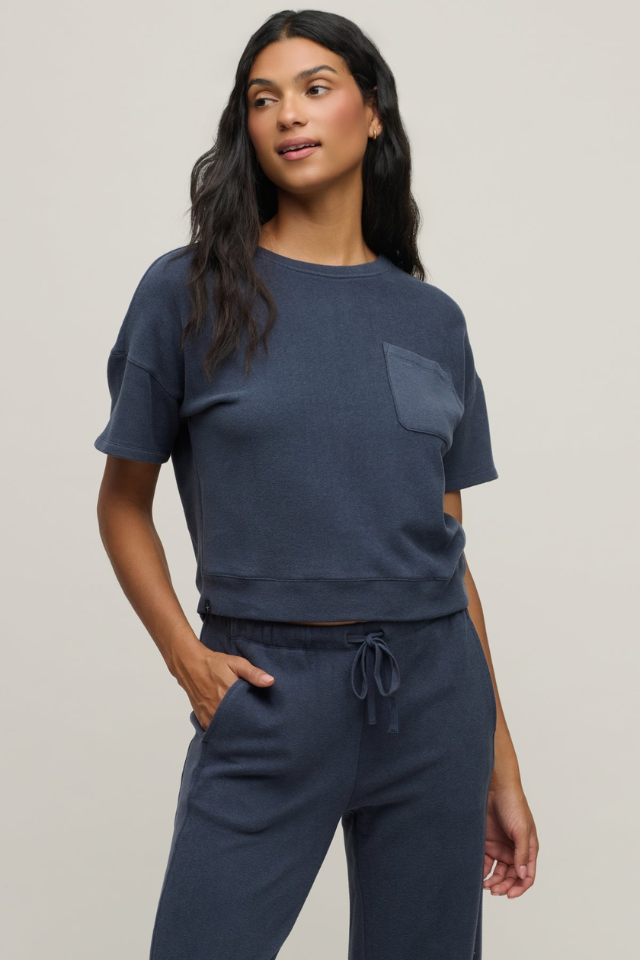 Barefoot Dreams Brushed Fleece Short Sleeve and Seamed Ankle Pant Set - Indigo