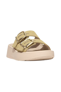 Fit Flop F-Mode Buckle Shimmerlux Flatform Two-Bar Slides - Platino