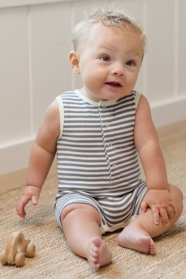 Quincy Mae Ribbed Henley Romper - Ocean Stripe