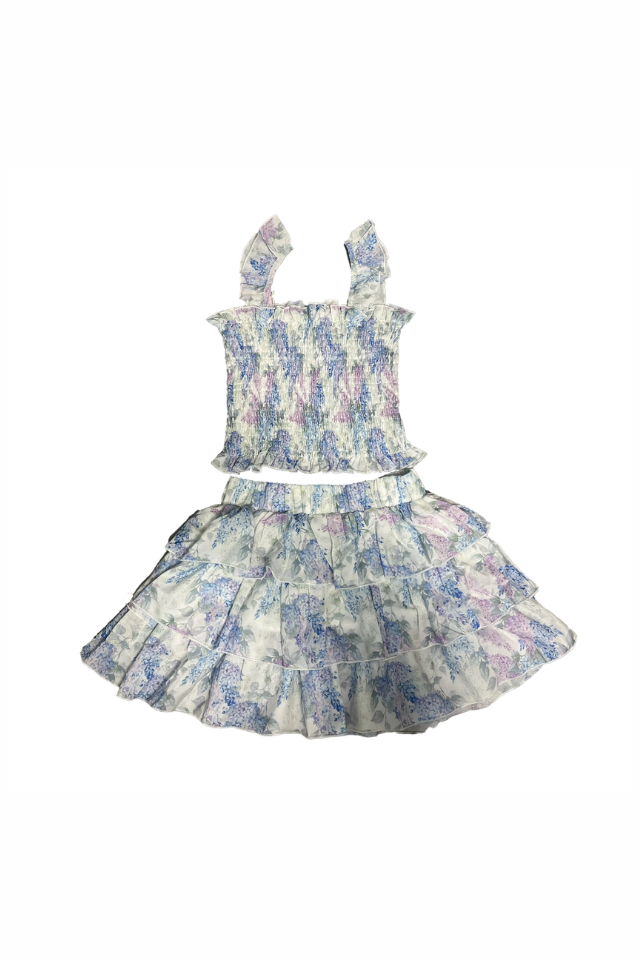 Tweenstyle Hydrangea Print Smocked Strap Top and Layered Tiered Skirt Set