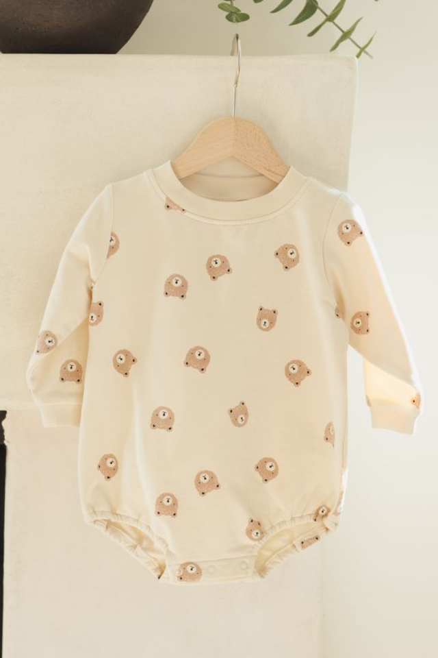 Quincy Mae Crewneck Bubble Romper - Brown Bear