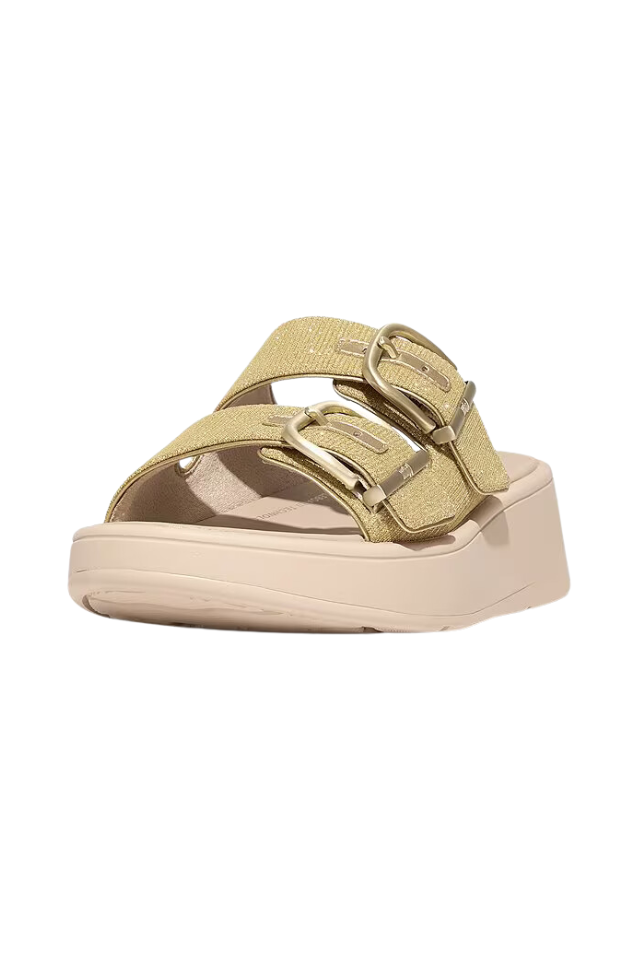 Fit Flop F-Mode Buckle Shimmerlux Flatform Two-Bar Slides - Platino