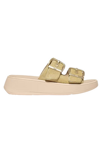 Fit Flop F-Mode Buckle Shimmerlux Flatform Two-Bar Slides - Platino