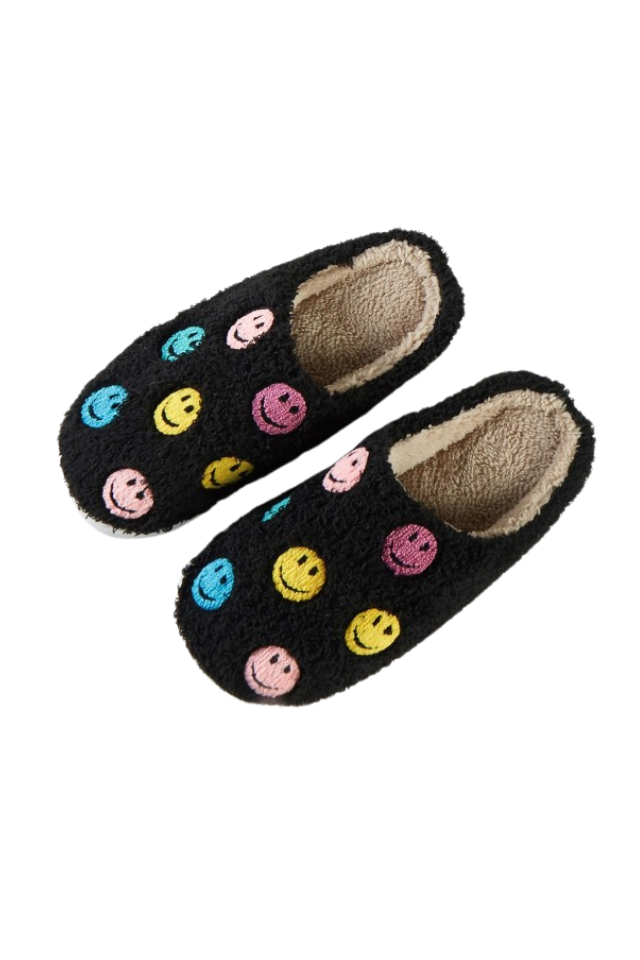 Happy Face Slide On Slippers - Black